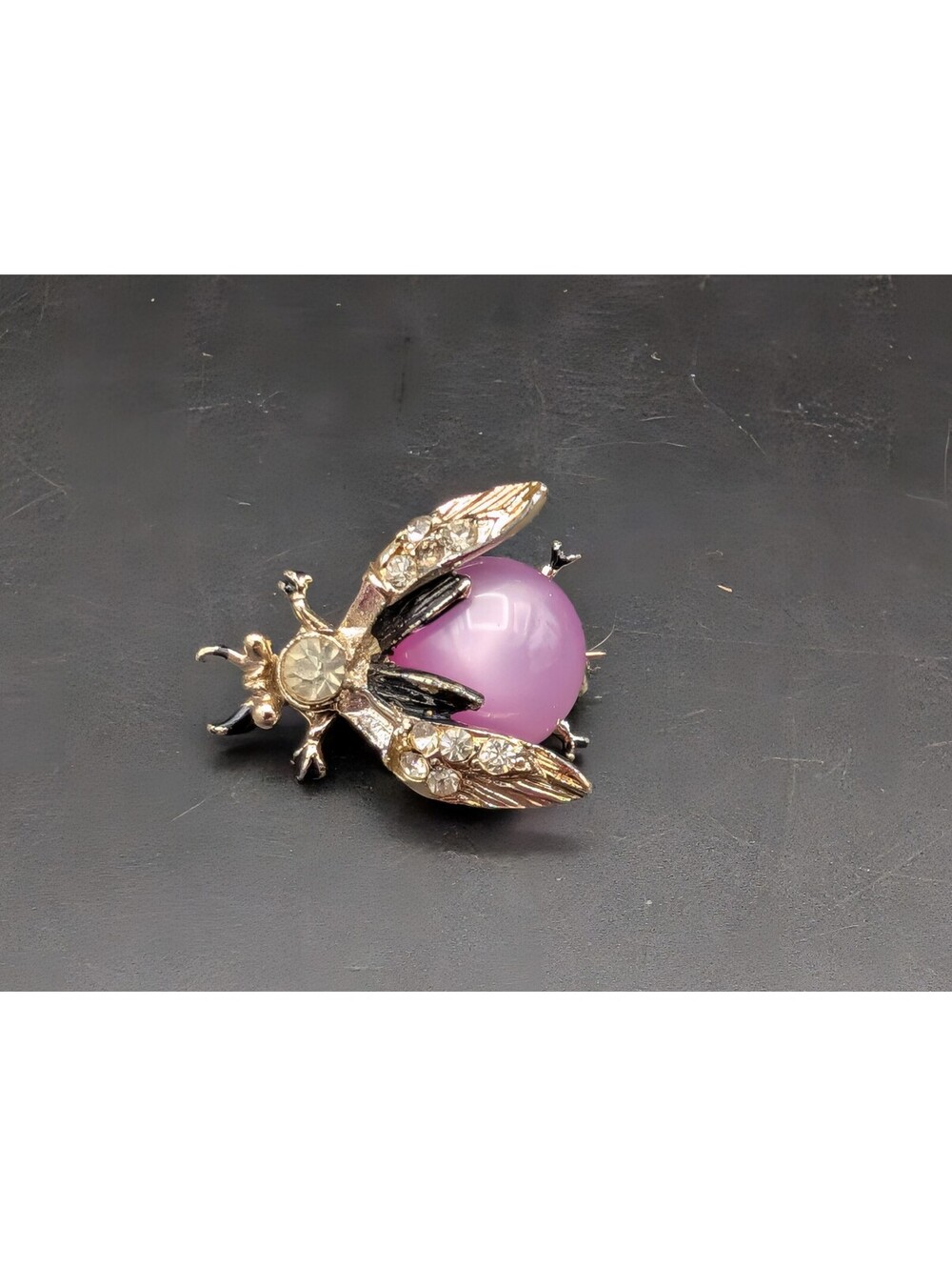 Vintage Purple Lucite Jelly Belly Insect Brooch Gold Tone Rhinestone Fly Bee Pin